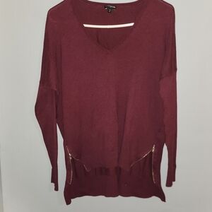 Burgundy V-Neck Sweater with Zipper Accents